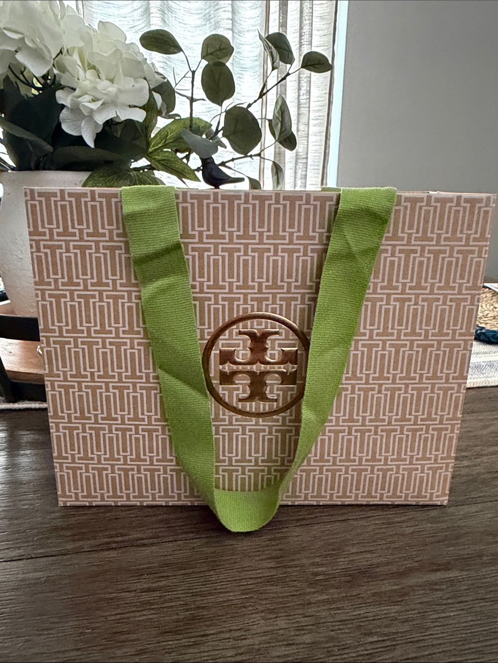 Tory Burch Beige Patterned Tote with Lime Green Straps